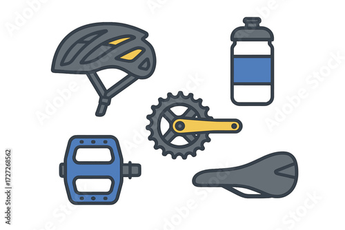 Cycling gear essentials including helmet, pedals, water bottle, saddle, and crankset for safe and enjoyable rides