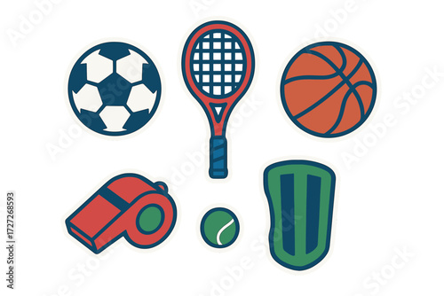 Sports equipment symbols featuring soccer, tennis, basketball, and cricket gear arranged in a colorful design for athletic activities