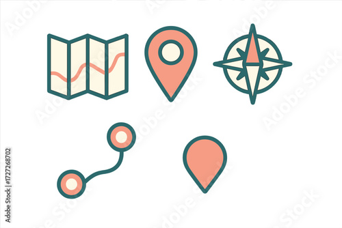 Navigation icons representing maps, location markers, and directions for digital applications or travel planning
