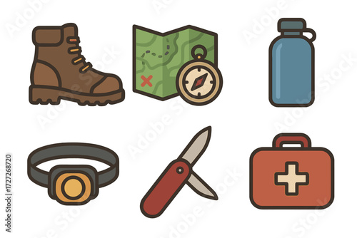 Essential hiking gear including boots, map, compass, water bottle, flashlight, and first aid kit displayed on a white background