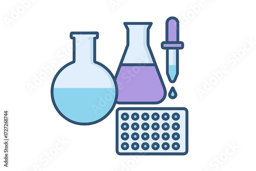 Various laboratory glassware including a beaker, flask, dropper, and a sample tray with liquid of different colors during an experiment