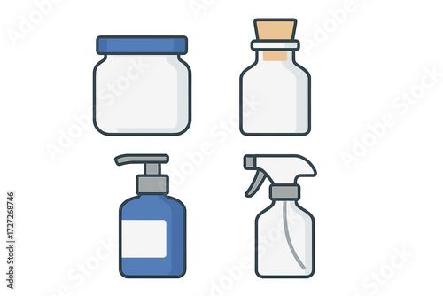 Different types of bottles and containers for holding liquids and substances in a simple design layout