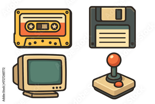 Vintage technology icons featuring cassette tape, floppy disk, computer monitor, and joystick in a playful design