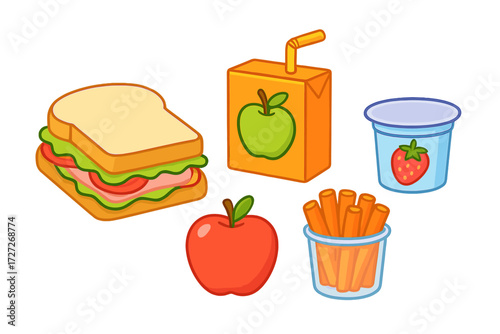 Colorful lunchbox with sandwich, apple, juice box, and snacks laid out for a fun school day
