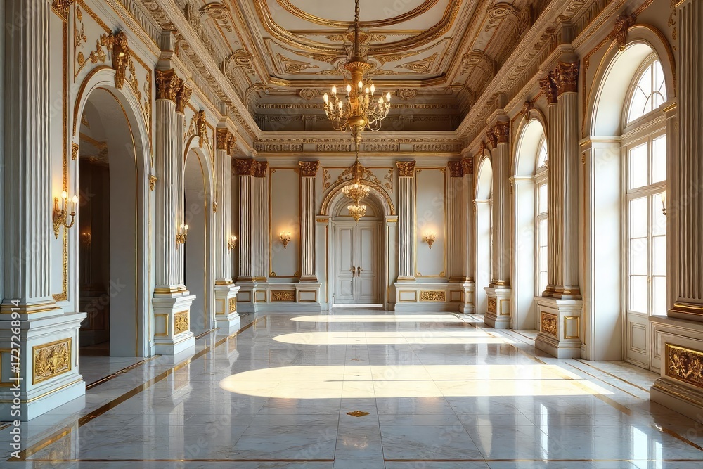 Fototapeta premium A lavishly decorated interior blending Victorian opulence with classical Greek motifs Intricate moldings, marble accents, and classical columns create a space of refined elegance , grand, statues