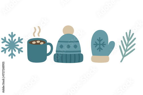 Cozy winter elements including hot drink, knitted hat, mittens, and snowflakes in soft colors during a chilly season