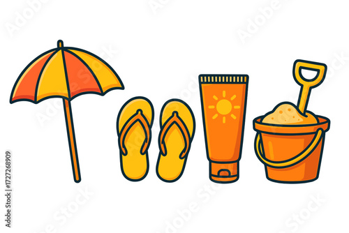 Bright summer beach essentials including an umbrella, flip-flops, sunscreen, and a bucket with a shovel