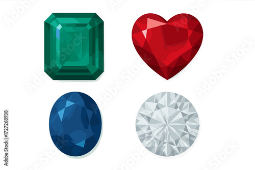 Four beautifully cut gemstones including emerald, ruby, sapphire, and diamond displayed on a clean white background