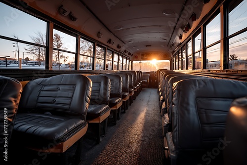 Wallpaper Mural Rows of empty seats on a school bus, bathed in the warm glow of the setting sun shining through the open door. Torontodigital.ca