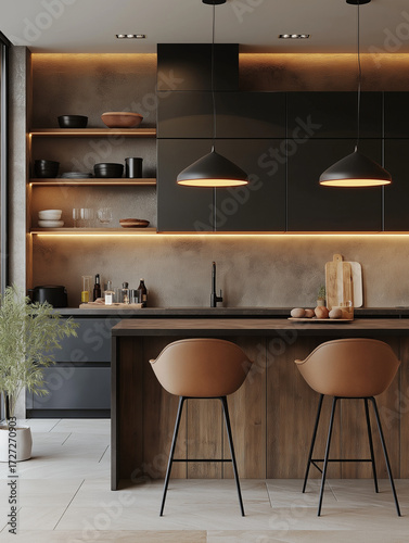 Modern kitchen interior with wooden accents and minimalist design  