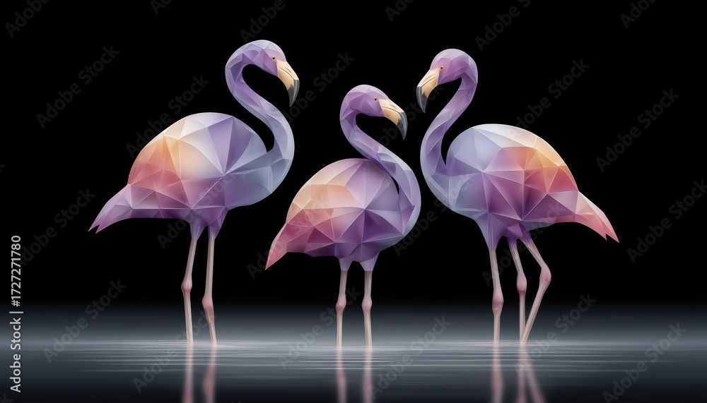 Obraz premium Playful illustration geometric flamingo geometric flamingo flamingo bird water reflection polygon low poly pastel purple pink orange beak long leg