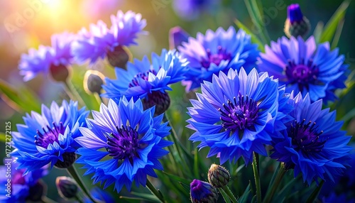 Vibrant blue flowers in sunlight
