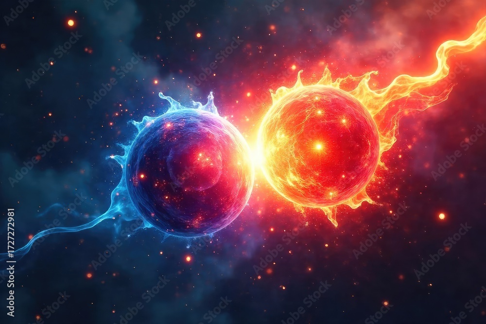 Obraz premium Close-up of two powerful, glowing orbs clashing in a cosmic battle, energy radiating outwards in vibrant hues A fierce, abstract representation of opposing forces colliding , cosmic, graphic design