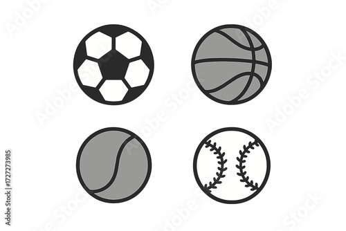 Different types of sports balls arranged in a grid on a white background showcasing soccer, basketball, tennis, and baseball