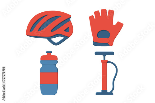 Cycling gear including a helmet, gloves, water bottle, and pump displayed in vibrant colors