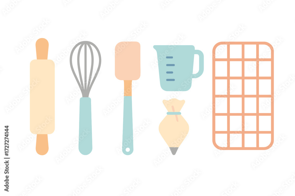 Fototapeta premium Various baking tools arranged on a clean surface showcasing essential kitchen utensils for baking enthusiasts