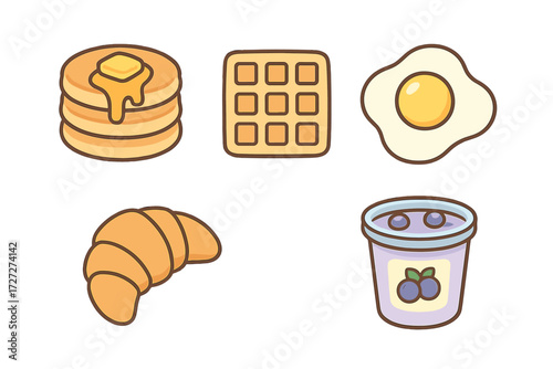 Delicious breakfast spread featuring pancakes, waffles, eggs, croissant, and yogurt with blueberries