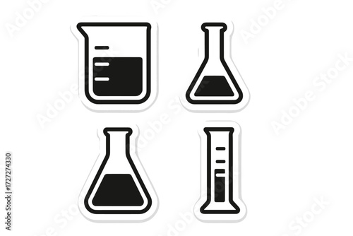 Science laboratory equipment symbols for chemistry education, featuring beakers and flasks on a clean background