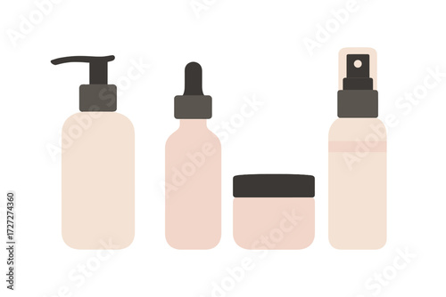 Skincare products arranged on a plain background, showcasing various containers and bottles for beauty routines
