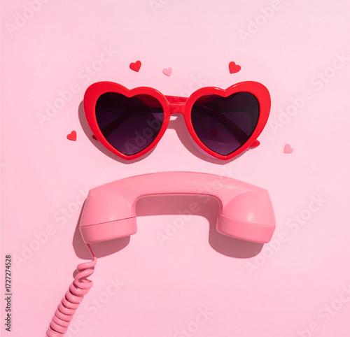 Phone handset and heart shaped sunglasses, summer romance, retro aesthetic