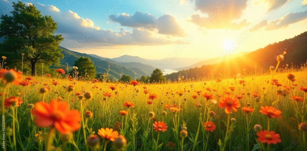 Fototapeta premium Golden Hour Sunlight Bathes Vibrant Wildflower Fields, Inspiring Summer Adventure and Serene Nature Photography for Travel, Tourism, and Lifestyle Projects