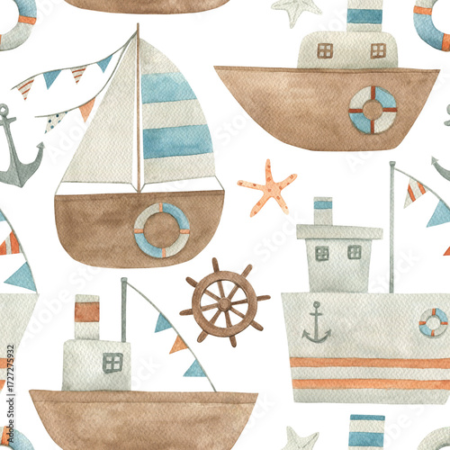 Watercolor seamless pattern with ship, anchor. Hand drawn illustration on white background