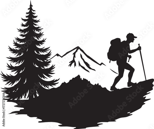 Silhouette of hiker with backpack and trekking pole on mountain