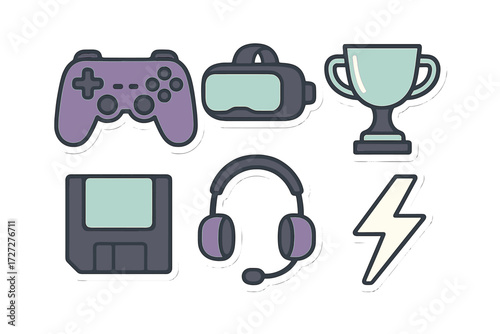 Gaming icons including controller, VR headset, trophy, and headset designed for digital competition
