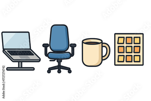 Workspace setup including a laptop, office chair, coffee mug, and project management board for productive work sessions