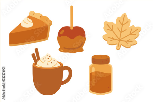Delicious fall treats featuring pumpkin pie, caramel apple, and spiced drink with decorative maple leaf