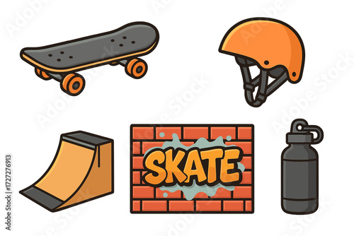 Skateboard equipment and graffiti elements in a vibrant urban setting showcasing a love for street sports