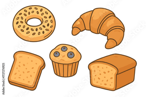 Fresh bakery items including bread, croissant, muffin, donut, and toast arranged on a simple background