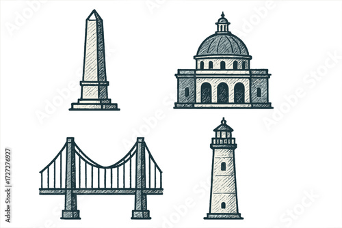 Architectural sketches showcasing an obelisk, dome, bridge, and lighthouse in a minimalist style