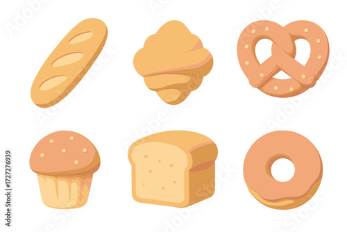 Baked goods arranged in a colorful design featuring bread, croissant, pretzel, muffin, loaf, and donut
