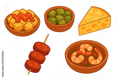 Delicious spread of tapas featuring shrimp, olives, cheese, and skewered meats in a casual setting