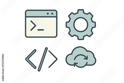 Computer coding and development symbols for web programming and software design in a modern digital context
