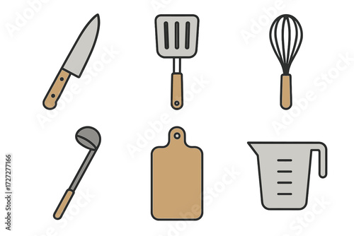 Essential kitchen tools including knife, spatula, whisk, ladle, cutting board, and measuring cup for cooking enthusiasts