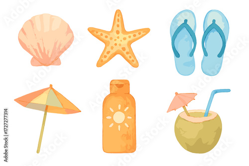 Summer beach essentials with a colorful shell, sea star, flip flops, sunblock, umbrella, and coconut drink