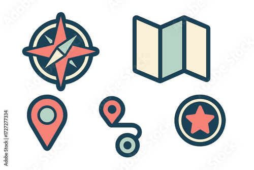 Compass and map icons representing navigation and travel concepts for digital design