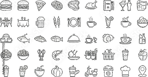 Food delivery restaurant menu icons vector set outline style illustration
