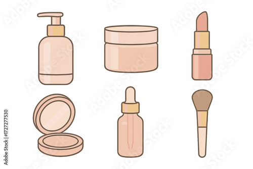 Cosmetic products arranged on a white background showcasing skincare and makeup items in soft pastel colors
