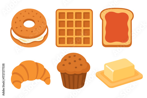 Variety of breakfast pastries and spreads displayed on a white background for morning meals