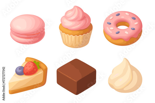 Colorful assortment of desserts featuring macaron, cupcake, donut, cheesecake, chocolate, and whipped cream