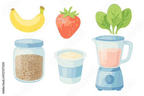 Ingredients for a colorful smoothie featuring banana, strawberry, spinach, and yogurt in a blender