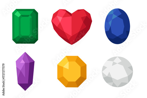 Colorful geometric gemstones displayed on a white background showing various shapes and hues for decorative purposes