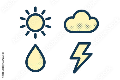 Weather symbols show sun, clouds, rain, and lightning in a simple graphic design