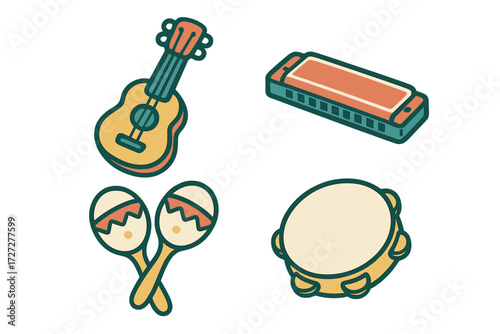 Colorful musical instruments displayed in a playful design for creative projects and educational purposes