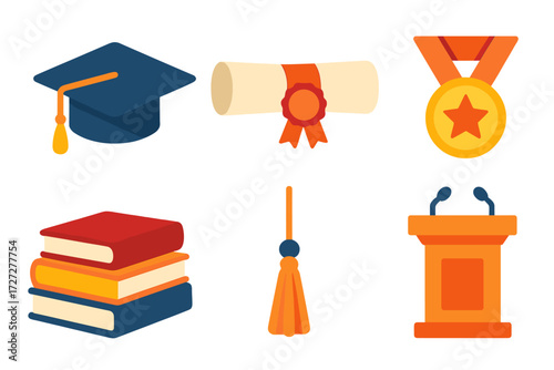 Graduation symbols featuring cap, diploma, medal, books, and podium