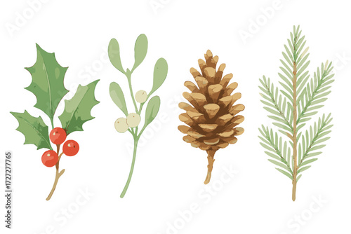 Celebrating the beauty of winter foliage with holly, mistletoe, evergreen, and pine cones