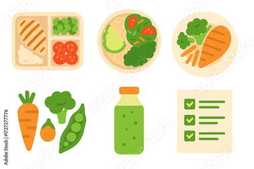 Colorful healthy meal prep ideas with vegetables, snacks, and drinks for a balanced diet